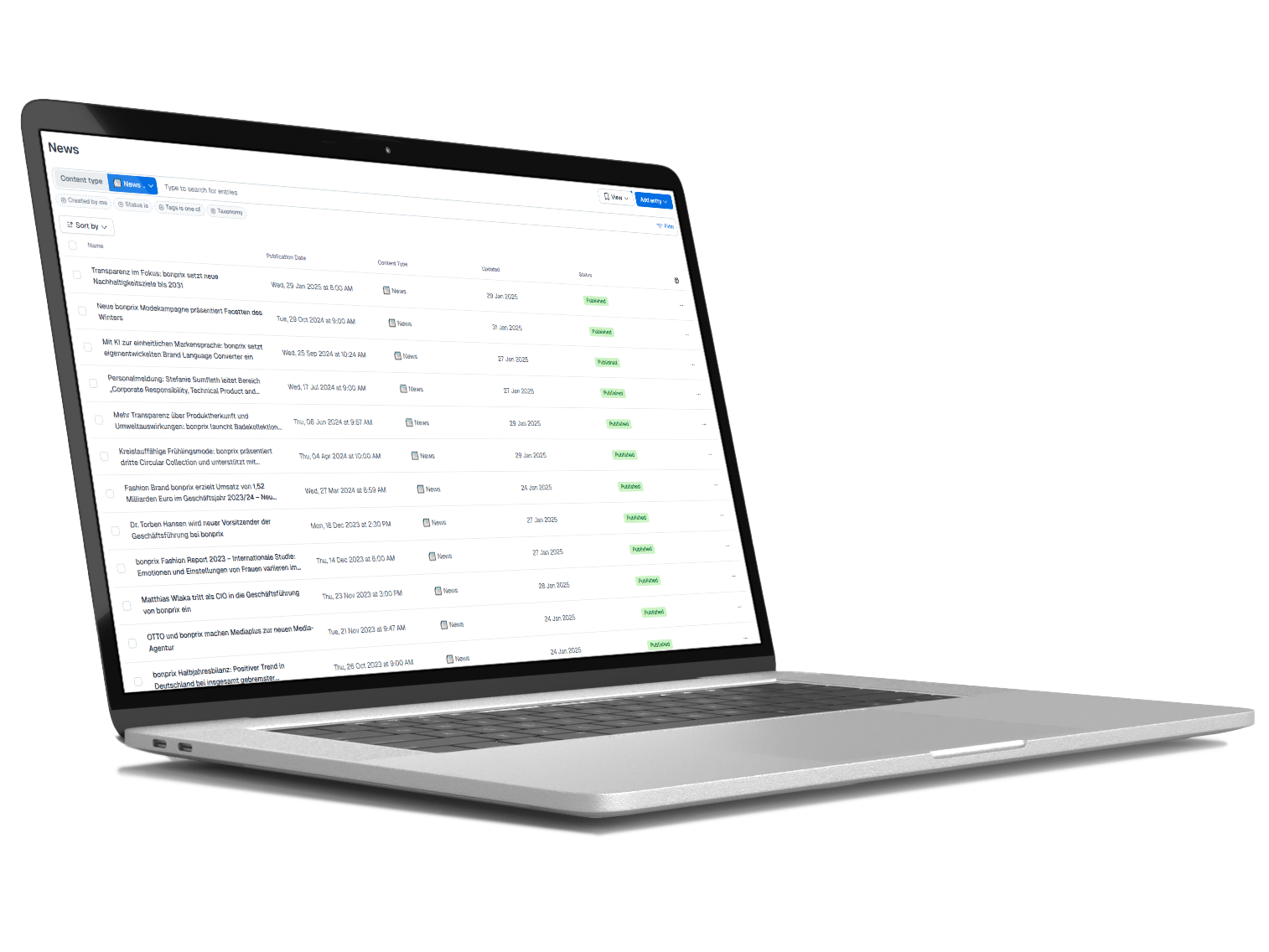 Mockup eines geöffneten Laptops mit Contentful CMS Backend auf dem Bildschirm.