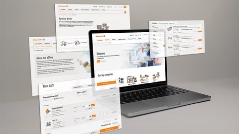 Darstellung eines Laptops mit herumschwirrenden Screenshots des Weidmüller Shops