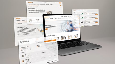 Darstellung eines Laptops mit herumschwirrenden Screenshots des Weidmüller Shops