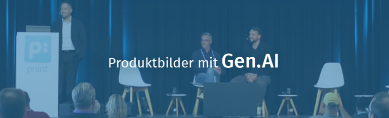 Bühne mit Vortragenden; Text: Produktbilder mi Gen.AI