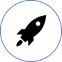 Schwarze Rakete, die nach links oben aufsteigt in einem Kreis mit dünem Rahmen im Farbverlauf Blau und Lila.