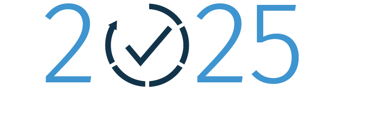 Die Jahreszahl 2025, wobei die Null als ablaufende Uhr mit einem Häkchen dargestellt ist.
