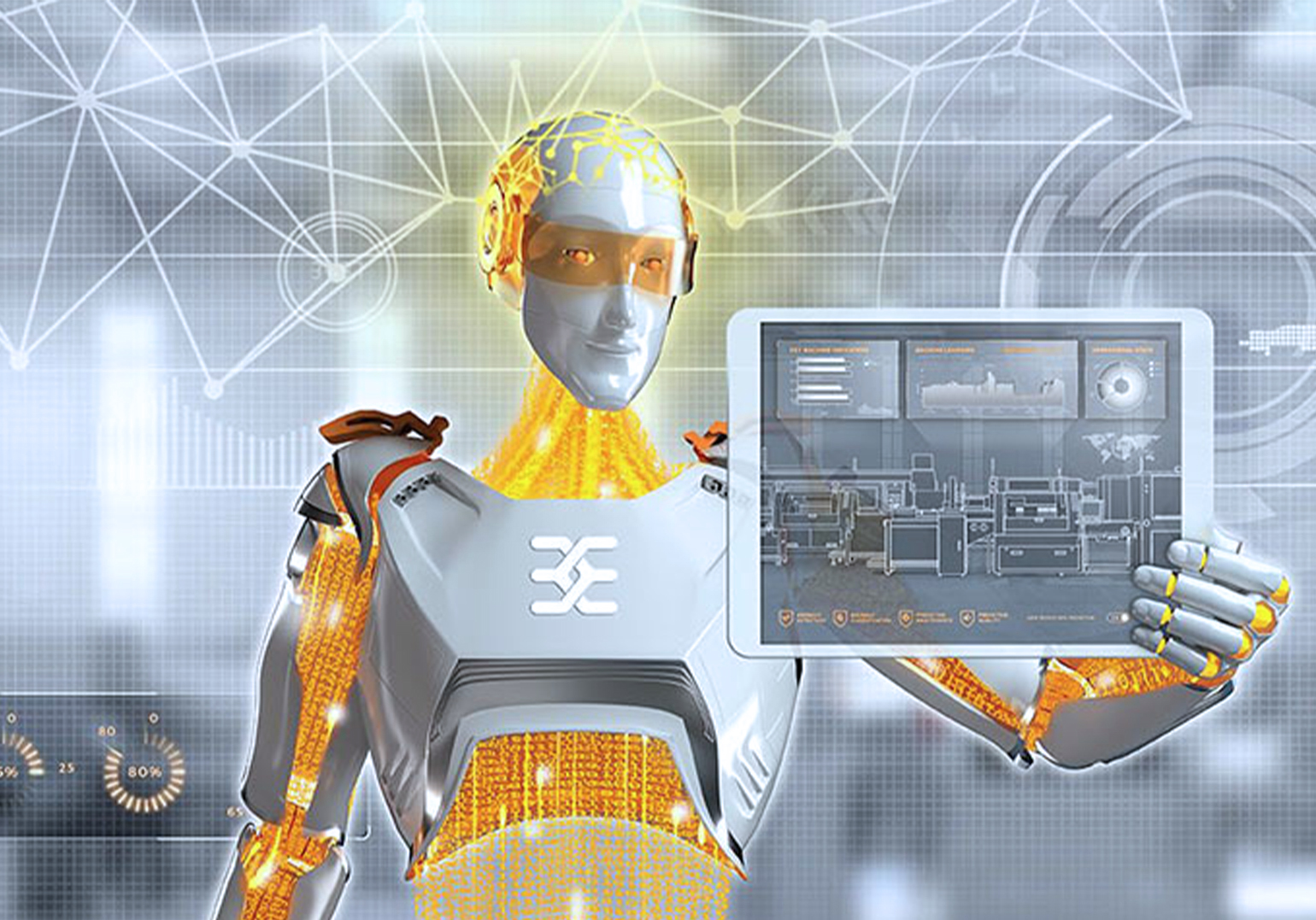 Grafikdarstellung eines Roboters mit einem Tablet in der Hand