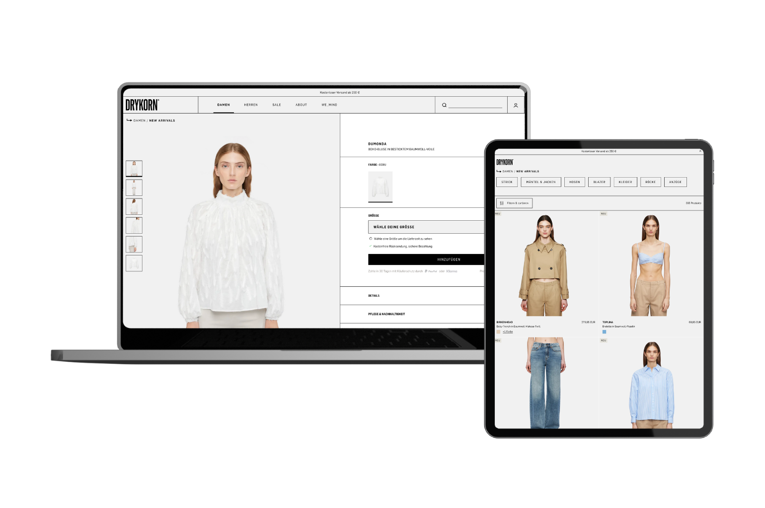 Grafik mit einem abgebildeten Laptop und einem Tablet, die die DRYKORN Website aufzeigen
