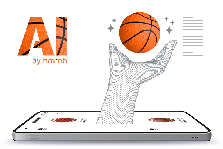 [Translate to English:] Grafik, wo eine hand aus einem Tablet kommt, sie hält einen Basketball. Links das Ai by hmmh Logo 