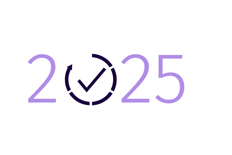 Die Jahreszahl 2025, wobei die Null als ablaufende Uhr mit einem Häkchen dargestellt ist.