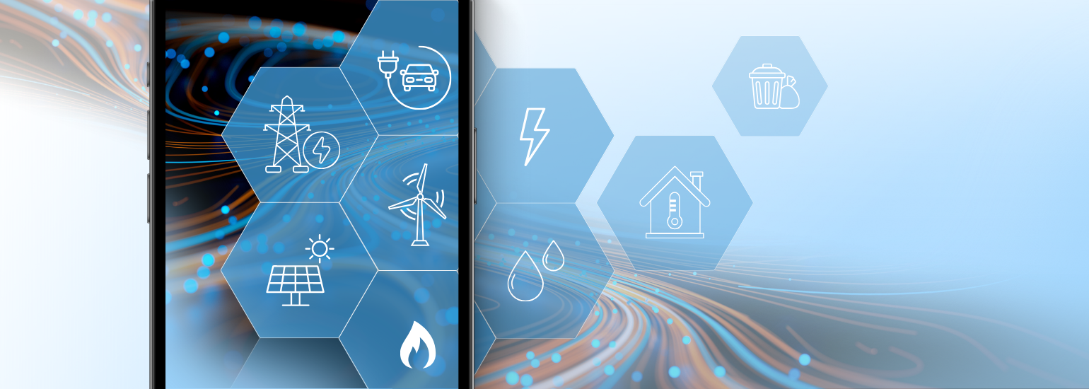 Header LP: Smartphone-Display mit Symbolen für Energie, Mobilität, Wasser und Gebäude, kombiniert mit digitalen Linien und abstrakten Datenströmen vor hellem Hintergrund.