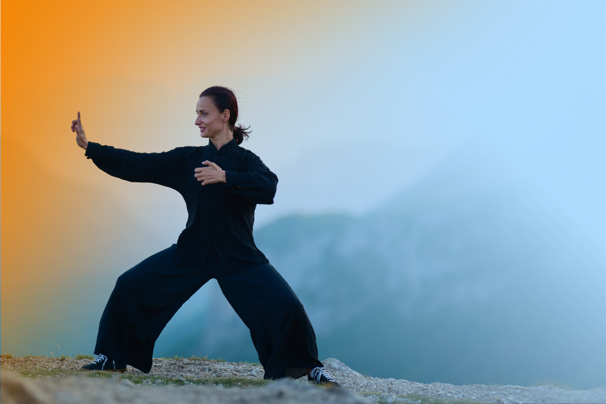 Person in schwarzer Kleidung führt eine Kampfkunst- oder Tai-Chi-Bewegung in einer Berglandschaft aus, vor einem Himmel mit Farbverlauf von Orange zu Blau.