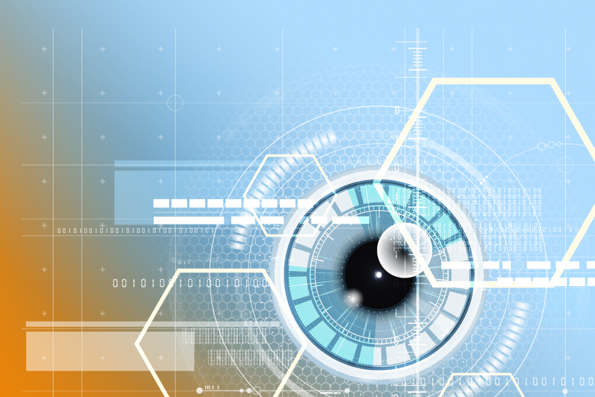 Abstrakte Darstellung eines digitalen Auges mit kreisförmigen Benutzeroberflächen-Elementen und technischen Grafiken vor einem Farbverlauf von Blau zu Orange.