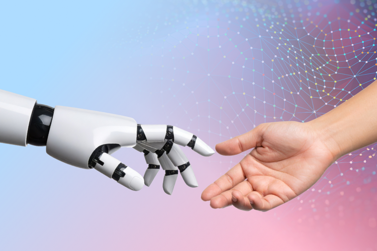 Roboterhand und menschliche Hand berühren sich beinahe vor einem Hintergrund mit Farbverlauf und abstrakten digitalen Punkten.