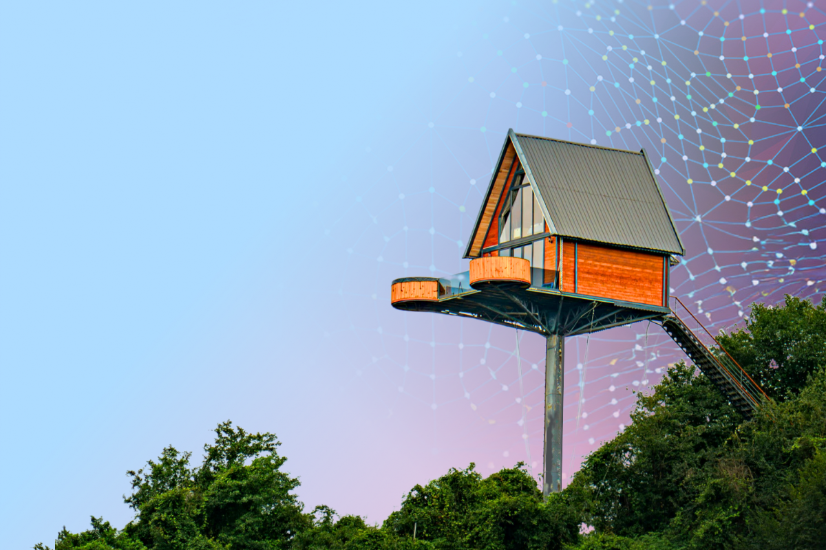 Modernes Gebäude auf einem hohen Mast über Baumkronen, vor einem Himmel mit Farbverlauf von Blau zu Rosa und abstrakten digitalen Punkten.