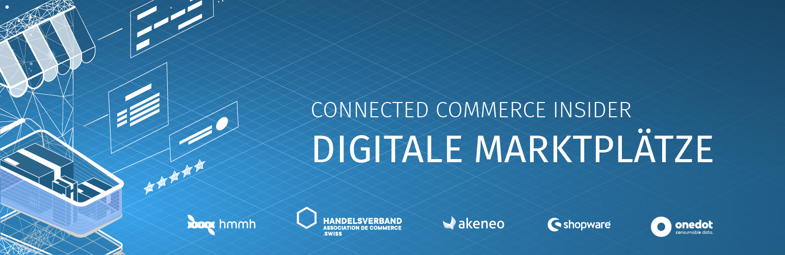 blauer header, links mit einer Grafik, die einen Einkaufswagen, befüllt mit kartons zeigt. Rechts der Schriftzug Connected commerce insider und direkt darunter in größer und fetter digitale Marktplätze. Am unteren Rand eine kette an Partnerlogos.
